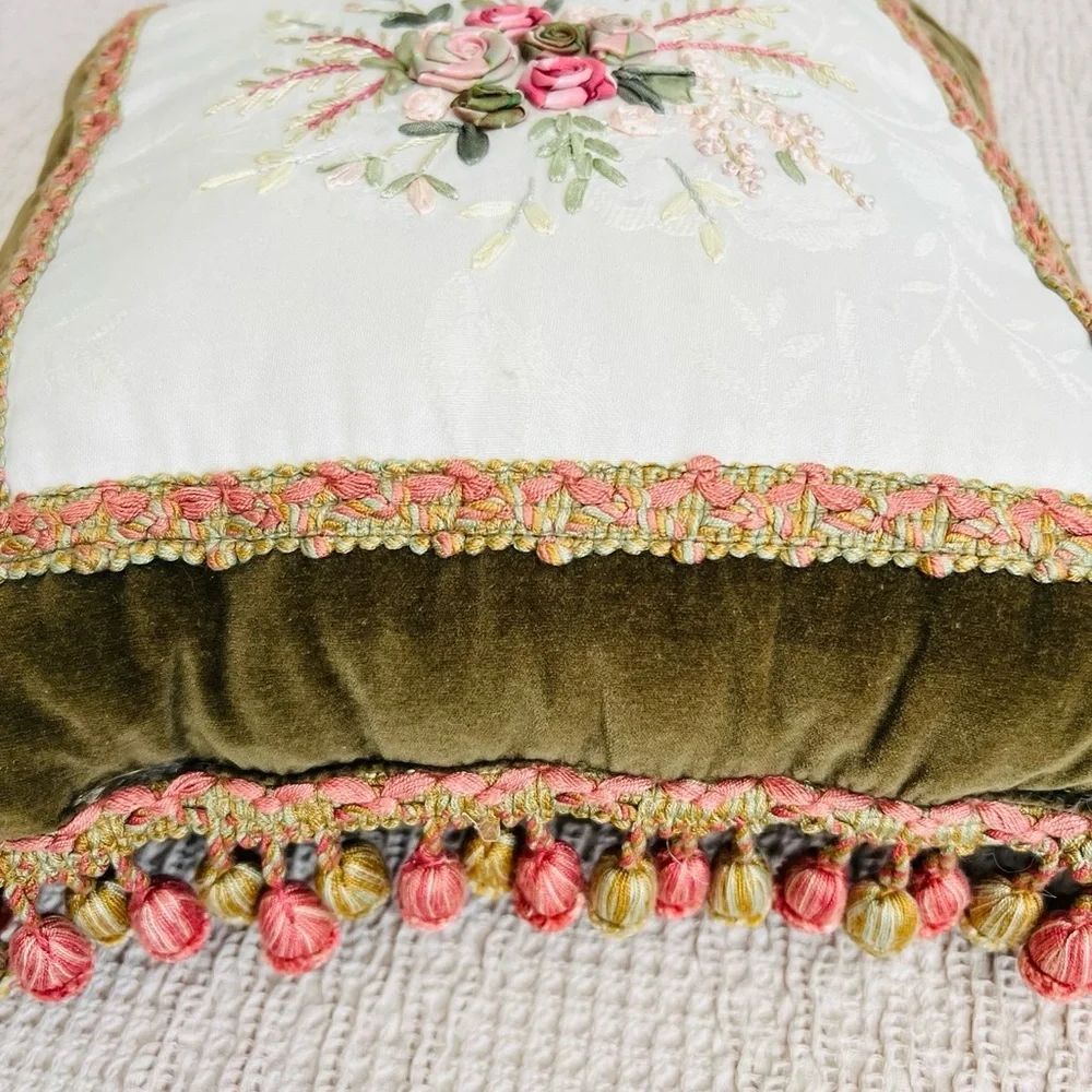 13”x13” decorative pillow hand-stitched ribbon.